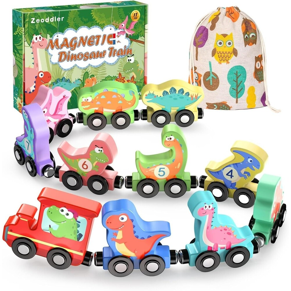 Zeoddler Toddlers 11 Magnetic Wood Dinosaur Train Set Multicolor Montessori Toys